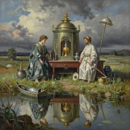 an airbrush painting of an elaborate hidden object scene in the reflection of a small fishing pond by destiny womack, gregoire boonzaier, harrison fisher, richard dadd