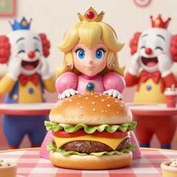 princess peach cosplaying as a hamburger, a clown cries in the background, cuil = 5