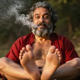 mr robert smoke weed and meditate using his feet, he has dark grey hairs, detailed glad face, chest legs, visible belly, happy toes, golden hour closeup photo, red elegant shirt, eyes wide open, ymmm and that smell