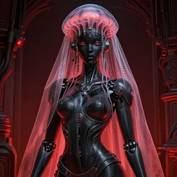 portrait of an absurdly beautiful, graceful, sophisticated, fashionable black cyberpunk mechanoid gravure idol, hyperdetailed illustration by irakli nadar, matt wisniewski style, intricate linework, dark black porcelain skin, jellyfish headdress, electronic veil, unreal engine 5 highly rendered, global illumination, red light, detailed and intricate environment