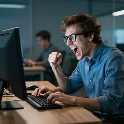Programmer nerd screaming at the computer, realistic photo