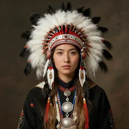 youthful gorgeous native american sioux priestess woman in full headdress. by anders zorn, herber james draper.