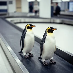 two penguins riding on baggage claim conveyor belt, ektachrome,