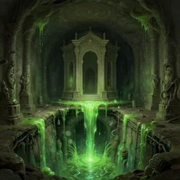 a puritan temple in an underground sewerage network, unadorned, puritan interior, green glowing slime flowing down from the sewers, intricate, highly detailed, digital painting, artstation, concept art, cinematic lighting, illustration, by artgerm, greg rutkowski, alphonse mucha, cgsociety
