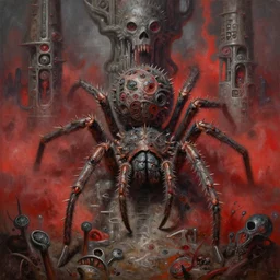 fine art oil painting varied muck jeweled, filthy, doubled, spiked, rugated armored & tiered, spiny orb spider, 1 1, clawing & terrified as massive brutalist structures, claustrophobic cilia sporing pox, final battle failure, red mustard gas fog, by alex nino, francesco blanc, geof darrow, h r giger, bis