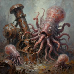 oil painting of disgusting whip tongued cambrian explosion animalcules clawing at decrepit rusted machinery by daniel brereton, simon bisley unreal engine render, cinematic, panorama