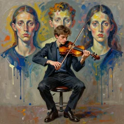 portrait of a young violinist sitting on stool by vincent lefevre and hernan bas and pat steir and hilma af klint, psychological, symmetrical face, dripping paint, a lot brush marks, james jean 3 d rendition on behance, high quality render, masterpiece