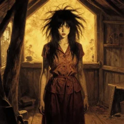 sadako from ringu with wild, untamed hair is standing in a cabin in the 1 9 7 0 s, she is undead, seventies, golden hour, painterly, offset printing technique, by alexandre cabanel, if you see her you die in seven days