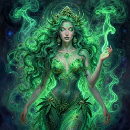 beautiful female spirit of cannabis with luxurious curved, she cures humankind with her cosmic feminine energy of pure love, visionary painting, highly detailed, psychedelic vibrant colors, green emerald smoke outline, octane render, masterpiece, nocrop