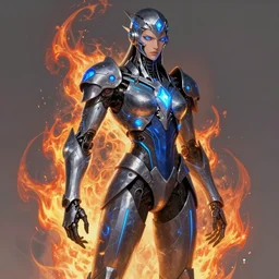 character design, concept art, cyborg, armor with long blue light sapphires blue lines, battle angel alita. by rembrandt 1 6 6 7, illustration, by konstantin razumov, sci - fi, frostine engine, vibrant colors, fractal flame, crystalized, by wlop