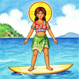 imposing, brightvibrant by vito acconci byzantine icon. the drawing of a young girl in a traditional hula outfit. she is standing on a surfboard in front of a beautiful ocean landscape.