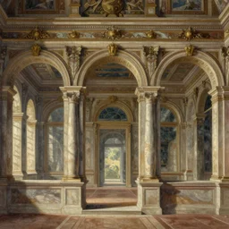 a drawing of a building with columns and arches, a flemish baroque by giovanni battista piranesi, behance, baroque, flemish baroque, fresco, hall of mirrors