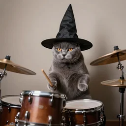 terrified gray cat playing drums in a wizard hat