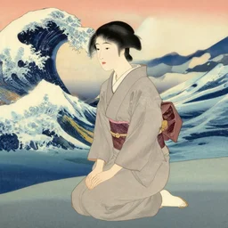 a woman in a kimono kneels on a riverbank by masaaki sasamoto, hokusai