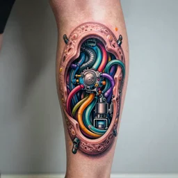 leg tattoo of a 3 dimensional hole in the skin with multicolored tubes and robotic mechanics inside under the skin, insanely integrate,