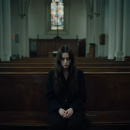 girl sitting alone in a church, music video still, mysterious, sad, depressing, ominous, by chris cunningham, by adam jones, bjork music video, tool music video, aphex twin music video