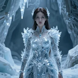 medium shot of a regal brown woman wearing an intricate and detailed armor made of many layers of ice. haunting eyes. fragile. ethereal. elaborate. ice caves. glaciers. stalactites. dramatic shadows. dispersion. refraction. reflections. volumetric lighting. textures. delicate. translucent. studio portrait. photorealistic. octane render
