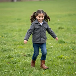 a young spanish girl plays on a great green meadow, she wears a jacket, jeans and boots, she has two ponytails, photo taken by a nikon, highly detailed, sharp focus