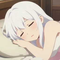high quality anime visual of a cute girl, with ong white hair in her room interior sleeping, by makoto shinkai, crunchyroll, pixiv, danbooru, hd, detailed anime face, cel shaded, smoothed lip line, digital art, ambient lighting