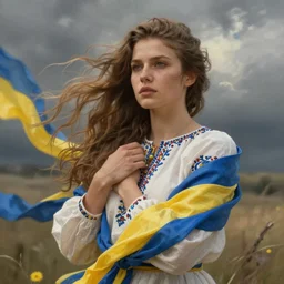 ukrainian beautiful woman - warrior in the battlefield, wind, dramatic sky, elegant, yellow and blue ribbons, emotionally touching, illustration by jerry loh