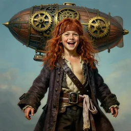 realist portrait painting of a 3 5 years old rugged joyful male pirate long long hair soft hair crimson hair simplistic clothes long coat upper body elegant muscular rugged handsome, floating wood brass gears ornate mechanical zeppelin in upper background sky, character art cinematic lighting art by mucha rutkowski artgerm