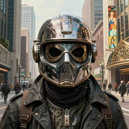 a expressive portrait of masked diesel punk helmet on the art deco streets of the big city, artstation, award - winning realistic sci - fi concept art by jim burns and greg rutkowski, beksinski, a realism masterpiece, expressive color palette, james gilleard, bruegel, alphonse mucha, and yoshitaka amano