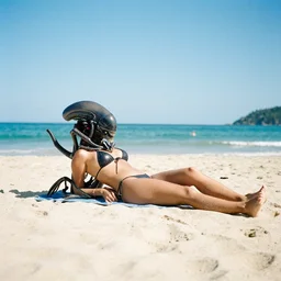 a xenomorph on vacation lounging on the beach, 35mm film