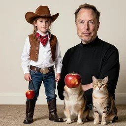 apple dressed as cowboy costume, dog and cat, elon musk modeling with steve jobs