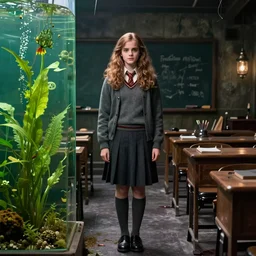 emma watson as hermione granger, wearing school uniform, alone, in an empty dark flooded hogwarts classroom, overgrown with aquatic plants
