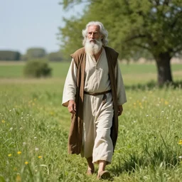 old prophet wandering about a meadow, midday