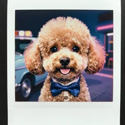 3 d super awesome head to shoulder portrait colored polaroid film photograph of vaporwave poodle, miami vice, super classy. stylish. bowtie. bowtie. smile. super resolution. extremely detailed. polaroid 6 0 0 film. by annie leibovitz and richard avedon
