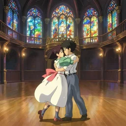 a couple dancing in an empty renaissance ballroom, colorful lights coming through stained glass, by makoto shinkai and hayao miyazaki