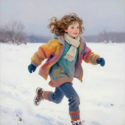 a sixteen year old girl with short wavy curly light brown hair and blue eyes wearing colorful winter clothes is running in a snowy field. beautiful painting by artgerm and greg rutkowski