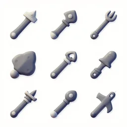 stylized weapon icons, 3D, isometric