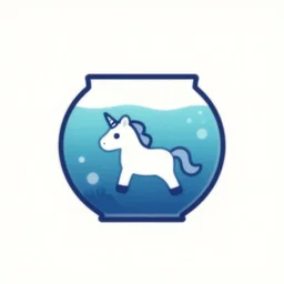 a small unicorn swimming underwater inside a fishbowl, abstract logo