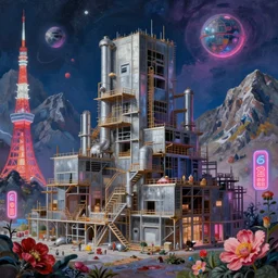 a beautiful hyperdetailed painting of mountain industrial architecture unfinished building building by philip johnson, tokyo tundra neon signs extraterrestial nightsky flowers, archdaily, wallpaper, highly detailed, trending on artstation.
