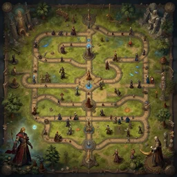 a ultra detailed award - winning game board with a long winding path, realistic painting, intrincated, very detailed, fantasy, dnd, character design, trending on artstation, top view