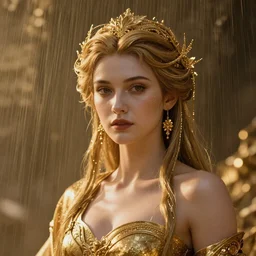 portrait photo of a goddess, Gold raining in background, cinematic lighting, ultra super good realistic 3D render by Pete Morbacher and Emil Melmoth, insanely detailed, trending on artstation, sharp focus