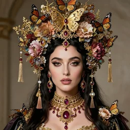 a beautiful portrait render of young Monica Bellucci who has baroque dramatic headdress with intricate fractals of butterflies and tassels made of flower,by Daveed Benito , Billelis , aaron horkey , peter gric,trending on pinterest,rococo,hyperreal,jewelry,gold,ruby,feminine,intricate,maximalist