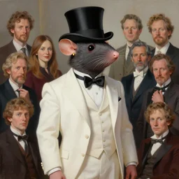 painted portrait of elegant wealthy anthropomorphic rat in white suit with top hat and earing, natural light, neil gaiman, maria panfilova, andrea savchenko, mike kime, ludovic plouffe, qi shengluo, oliver cook, julian calle, eddie mendoza, trending on artstation