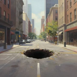 hole in the middle of a street, city, detailed painting, 4 k, hd, realistic, digital painting, artstation, by, paul bonner, aarons slim