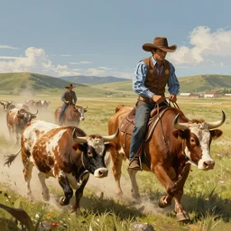 cowboys chasing cattle, colorful, dramatic lighting, detailed, intricate, elegant, highly detailed, digital painting, artstation, concept art, smooth, sharp focus, illustration