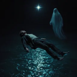 dark eerie movie frame, a man floating above the magic shining river styx, a ghost, northern star at night, otherworldly, dreamlike, stanley kubrick, 1 7 mm, panorama shot, surreal, deep, detailed 4 k