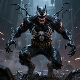 full body portrait of venom as th batman, dynamic lighting, cinematic, ultra detailed, trending on art station, stunning visuals, creative, fantasy concept art