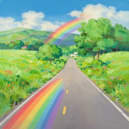 rainbow road, landscape painting by chuck jones makoto shinkai