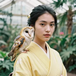 head to shoulder portrait film photograph of an elegant top model wearing a yellow kimono with a very detailed barn owl on her shoulder!!! in a tropical greenhouse. looking at the camera!!. super resolution. 85 mm f1.8 lens.bokeh. graflex. by Alessio albi !  -