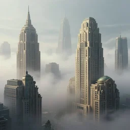 hyperrealistic matte painting of grand buildings above a mysterious and lively fog, classical architecture, art deco architecture, aetherpunk, by hubert robert and hugh ferris and noriyoshi ohrai