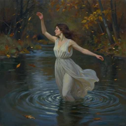 an oil painting of a beautiful woman transforming into a peaceful river at night, it's autumn and a gentle breeze is moving leaves around, cinematic lighting, establishing shot, art station