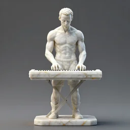 a statue made of white marble with gold veins, of stephen curry playing synthesizer, transhumanism, full body shot, perfect symmetrical body, perfect symmetrical face, hyper realistic, hyper detailed, by johannen voss, by peter kemp, by monia merlo, by michelangelo, octane render, blender, 8 k