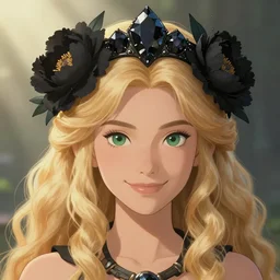 a young female mythical tribal warrior girl, wearing a crown of obsidian diamonds and black peonies, with long curly blond hair, perfectly proportioned face, green eyes, sweet smile, strong jawline, natural lighting, path traced, god rays, highly detailed, high quality, cartoon, digital painting, by new haicheng studio ghibli and riccardo federici and alphonse mucha and donato giancola, muted colors